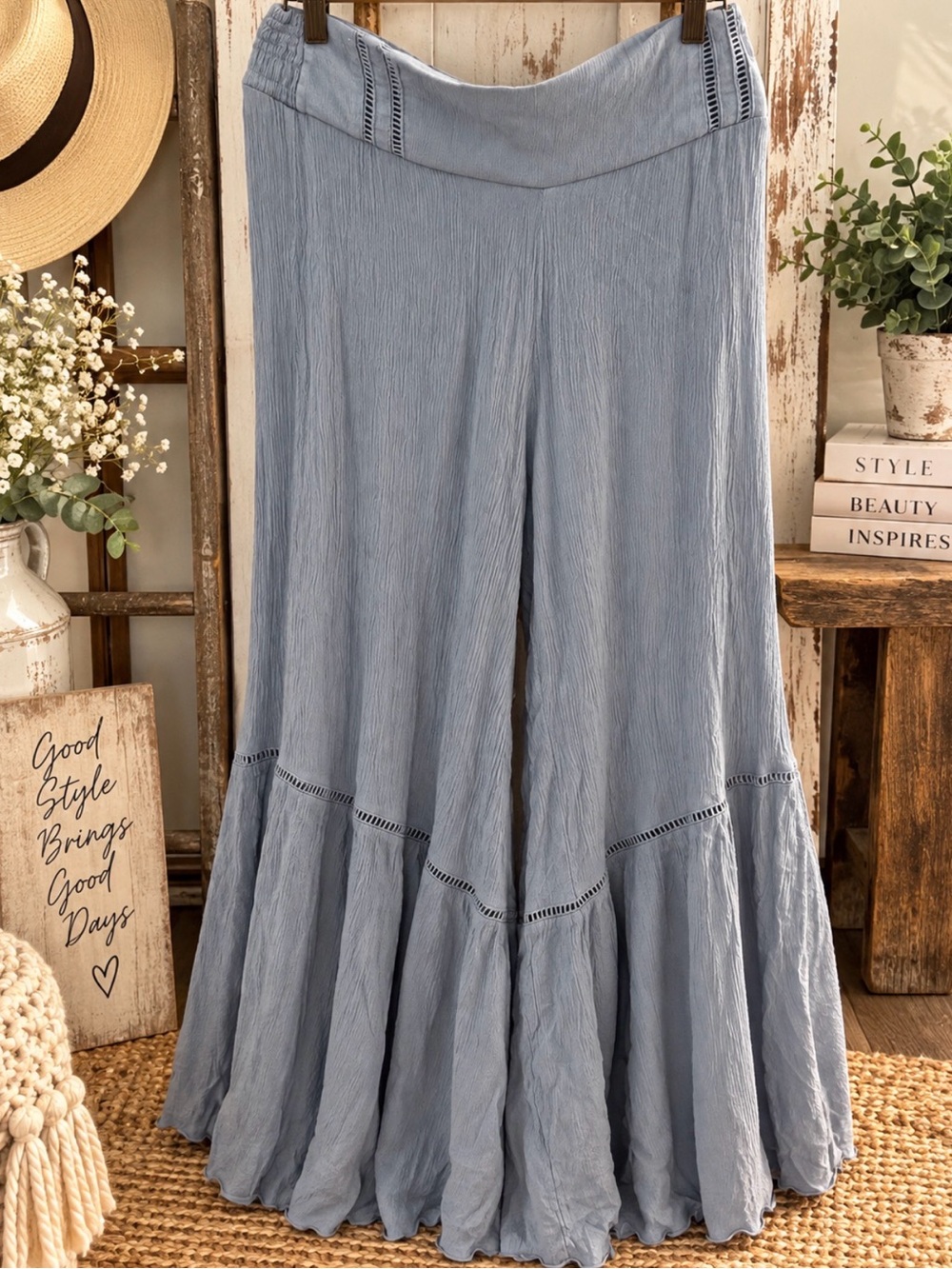 Sincerely Jules Slate Blue Wide-Leg Tiered Pants XL